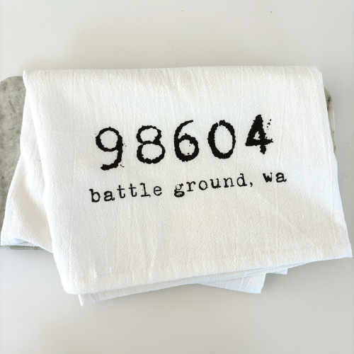 WHITE TEA TOWEL WITH BATTLE GROUND AND ZIP CODE