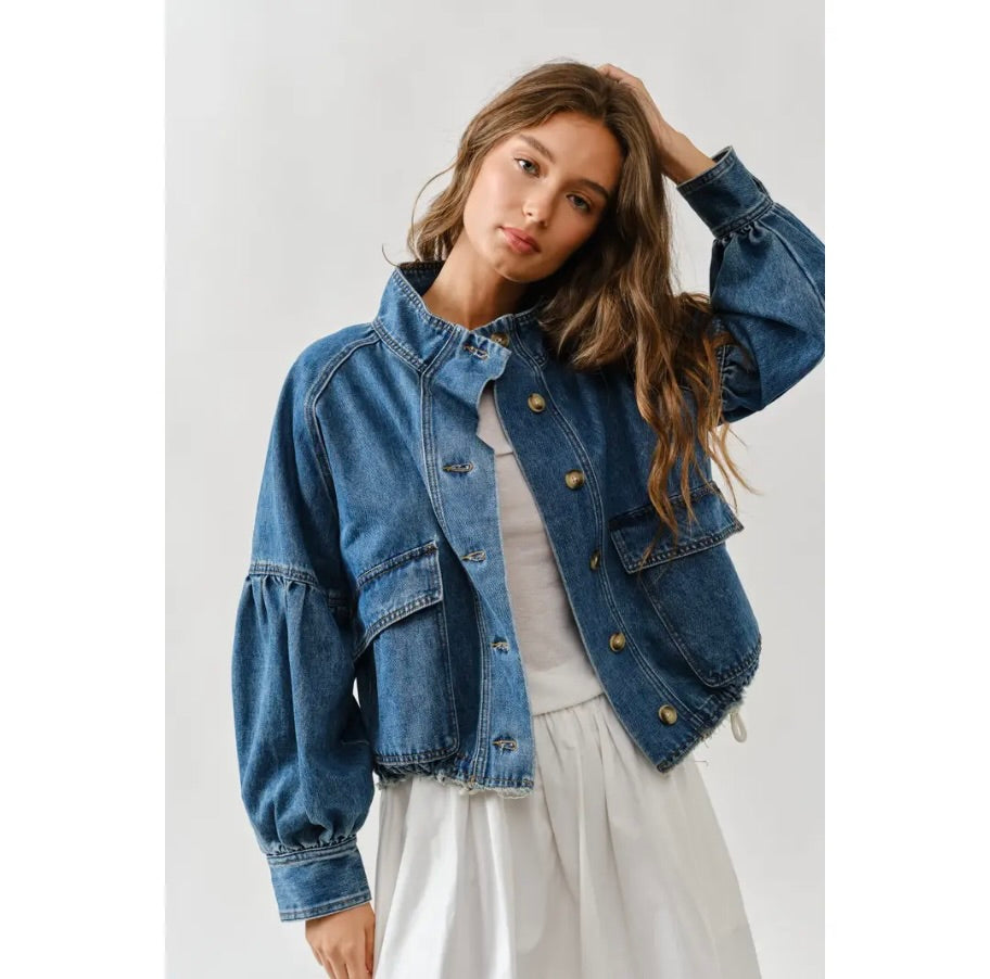 Vintage Wash Balloon Sleeve Denim Jacket