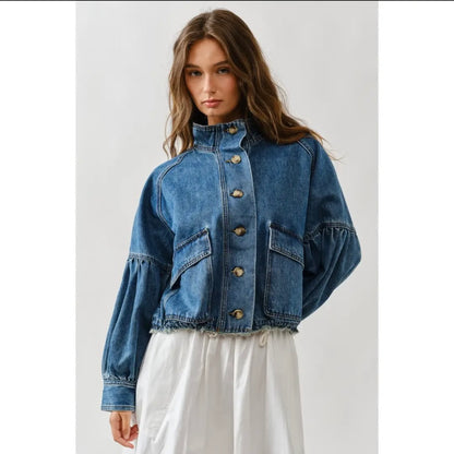 Vintage Wash Balloon Sleeve Denim Jacket