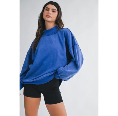 Oversized Vintage Wash Mock Neck Sweatshirt - Cobalt Blue
