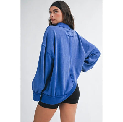 Oversized Vintage Wash Mock Neck Sweatshirt - Cobalt Blue